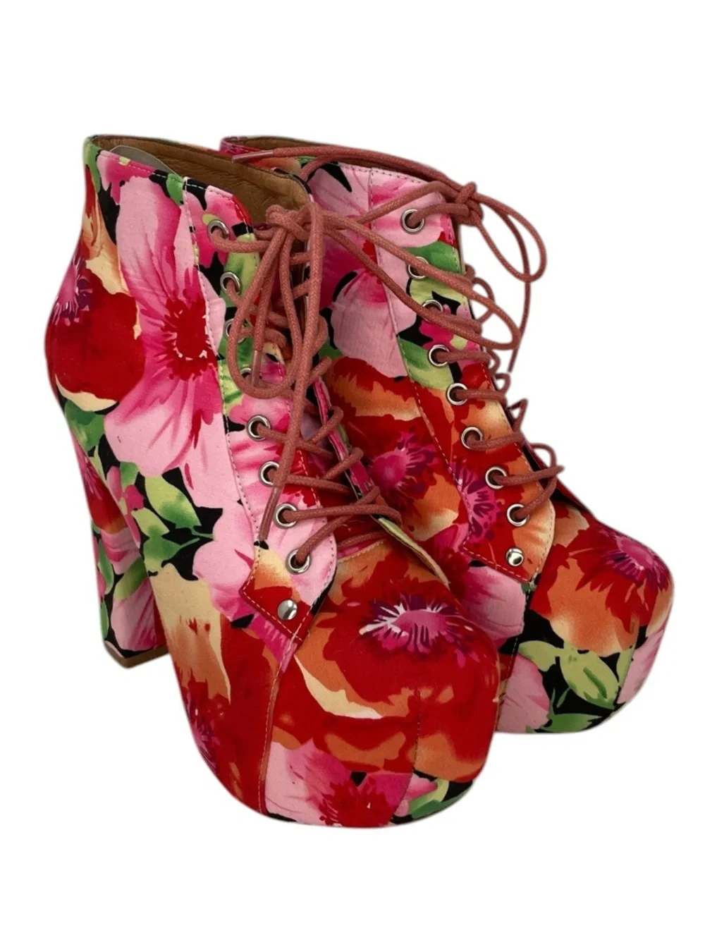 Jeffery Campbell Lita Fab Ankle Boots Floral Lace Up Platform Booties Pink Red 6